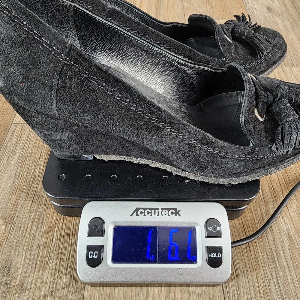 Stuart Weitzman 7.5 Black Suede Tassel Wedge Loafers‎ Classic Comfortable - Picture 13 of 13